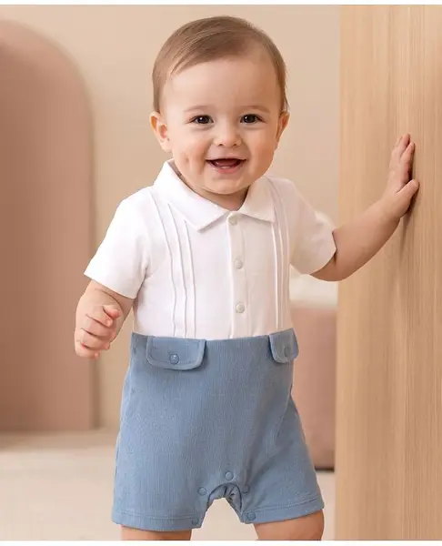 Babyoye 100% Cotton Interlock Knit Half Sleeves Collar Neck Romper - Light Blue