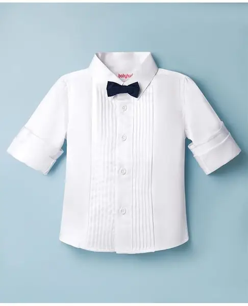 Babyhug Satin Woven Full Sleeves Solid Party Shirt With Bow Applique - White