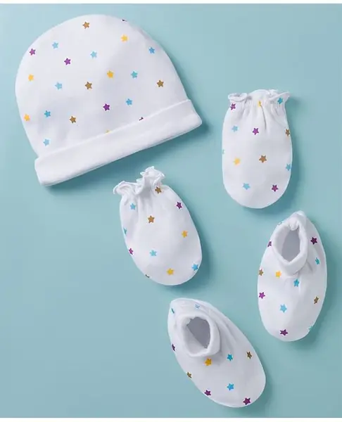 Babyhug 100% Cotton Knit Cap Mittens & Booties with Star Print Multicolor - Diameter 9 cm