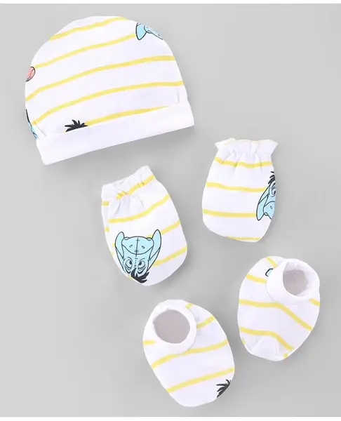 Babyhug Disney Interlock Knit Cap Mittens & Booties with Winnie & Friends Print White- Diameter 14.5 cm