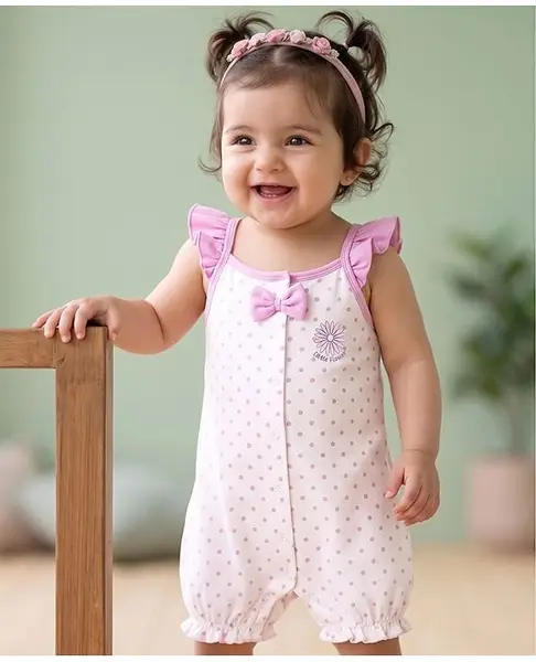 Babyoye 100% Cotton Knit With Eco Jiva Finish Sleeveless Polka Dots & Floral Printed Romper With Bow Applique - White & Pink