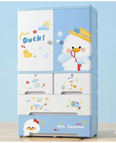 Purple Tots Kids Plastic Wardrobe  6-Layer Storage Cabinet with Shelves  2 Drawers & Hanging Rod  Space-Saving Organizer - Snow Bear Design (White)