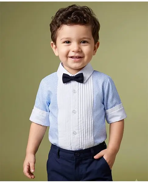 Babyhug Cotton Woven Full Sleeves Printed Pintuck Party Shirt With Bow - White
