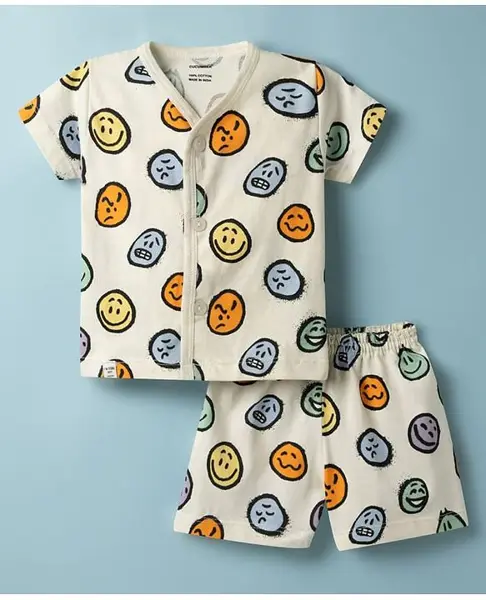 CUCUMBER Knit Half Sleeves T-Shirt & Shorts Co-ord Set with Smiley Print - Cream