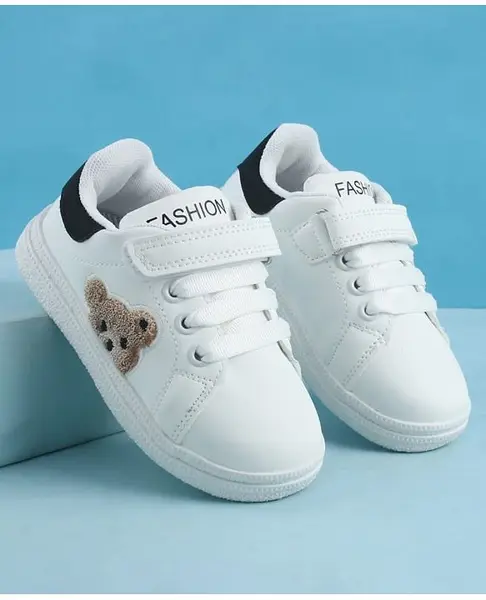 Babyoye Velcro Closure Casual Shoes with Teddy Embroidery - Black & White