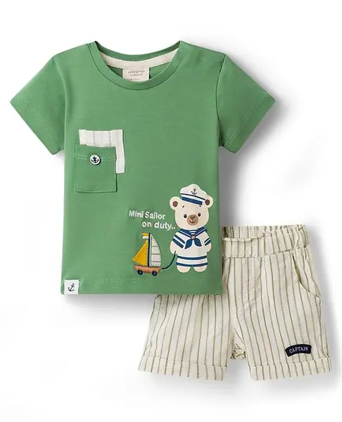Ollypop Interlock Knit Half Sleeves T-Shirt & Shorts Set with Teddy Print & Boat Embroidery - Green