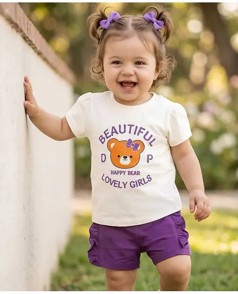 Doodle Poodle 100% Cotton Single Jersey Knit Half Sleeves Top & Shorts Set with Text Print - White & Lilac