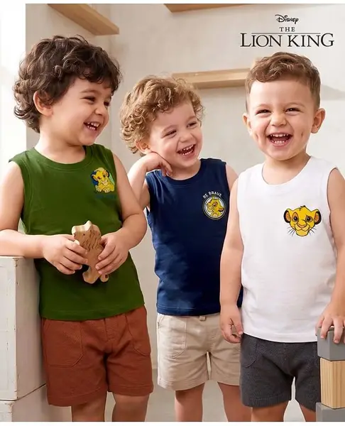 Babyhug Disney Cotton Single Jersey Knit T-Shirts with Sleeveless Styling and The Lion King Print in for in Navy Blue for Pack of 3 6-9 Months