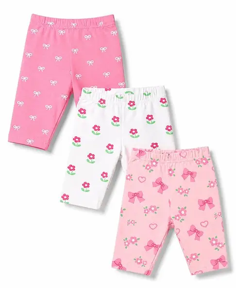 Babyhug Cotton Knit Knee Length Bow Floral & Hearts Printed Three Forth Leggings Pack Of 3- Pink & White
