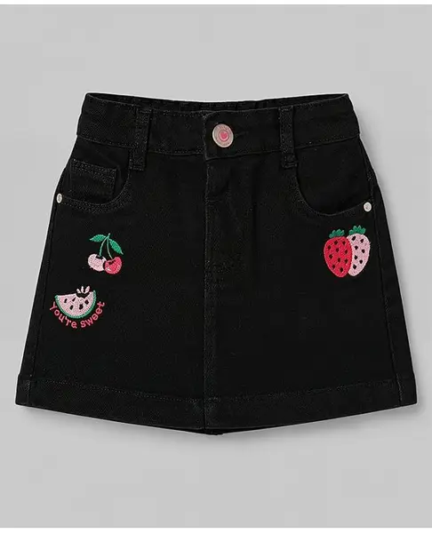 Babyhug Denim Mid Thigh Tropical Theme Embroidered Skirt With Stretch - Black