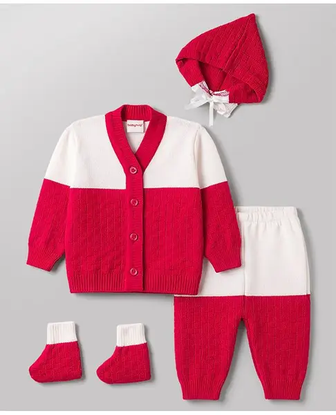 Babyhug Knit Full Sleeves Front Open Colour Block Sweater Set with Cap & Booties - Red & White