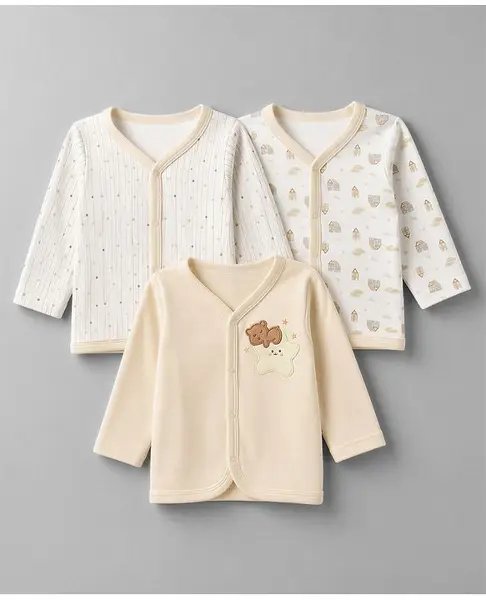 Babyhug 100% Cotton Knit Full Sleeves Striped Jhablas With Patch Pack Of 3 - White