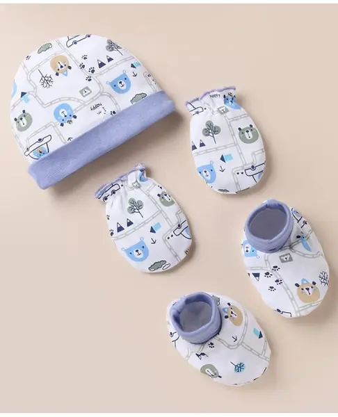 Babyhug 100% Cotton Interlock Knit Cap  Mitten & Booties with Vehicle Bear Map Print White - Diameter 16 cm