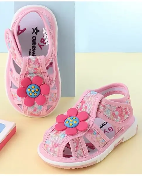 Cute Walk by Babyhug Velcro Closure Printed Sandal With Floral Applique - Pink
