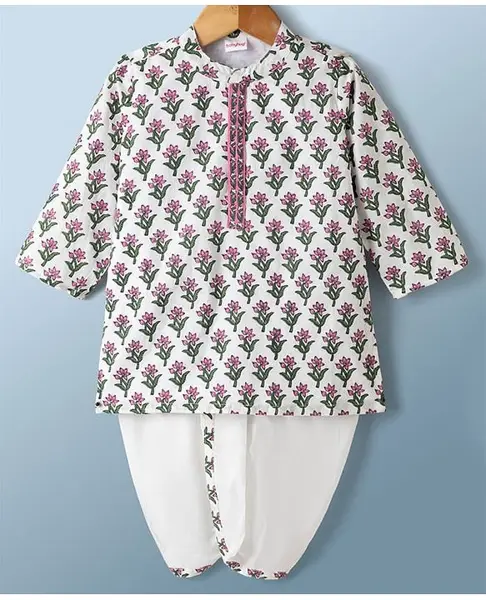 Babyhug Cambric Woven Full Sleeves Floral Printed Kurta & Dhoti Set - White