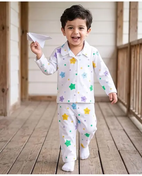 Babyhug Cotton Knit Full Sleeves Co-Ords Shirt & Pajama Night Suit Star Print - White