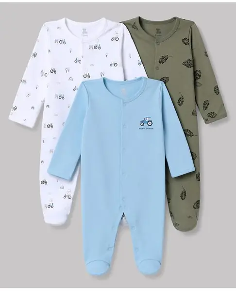 I Bears Interlock Knit Full Sleeves Vehicles & Tropical Theme Printed Footed Sleepsuits Pack Of 3 - Multicolor