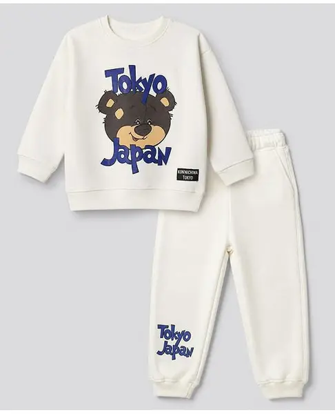 Bonfino Fleece Knit Full Sleeves Oversized Drop Shoulder Winter Wear Suit Bear & Text Print - Off White