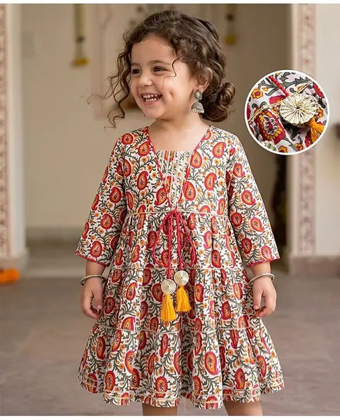 Babyhug Cambric Ethnic Dresses with 3/4th Sleeves and Paisley Print in Offwhite for 5-6 Years