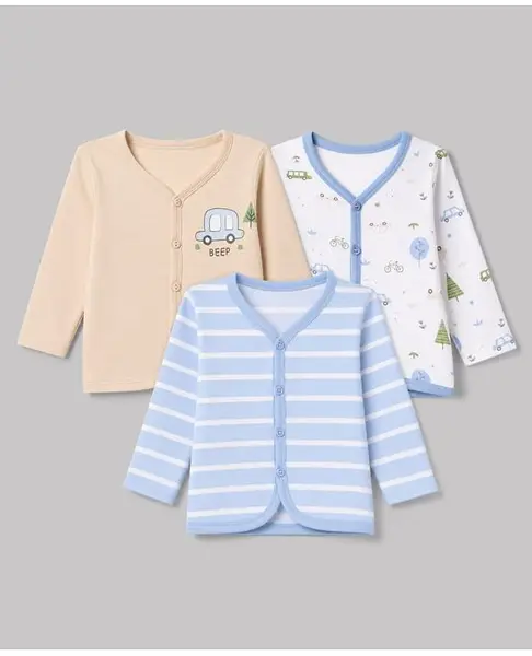 Babyhug 100% Cotton Interlock Knit Front Open Striped Jhablas With Vehicle Print Pack of 3 - Light Blue  White & Peach