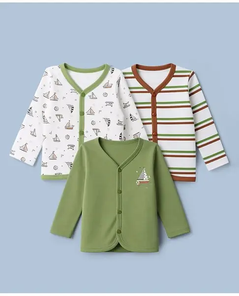Babyhug Interlock Knit Full Sleeves Striped & Boat Printed Jhablas Pack of 3 - White & Green
