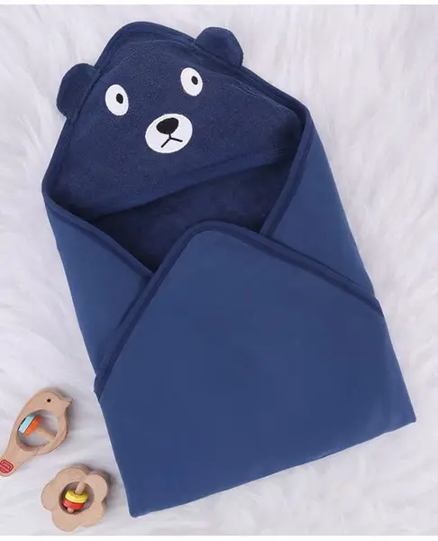 Babyhug Cotton Terry Knit Hooded Towel With Bear Embroidery L 76 x B 76 cm - Navy Blue