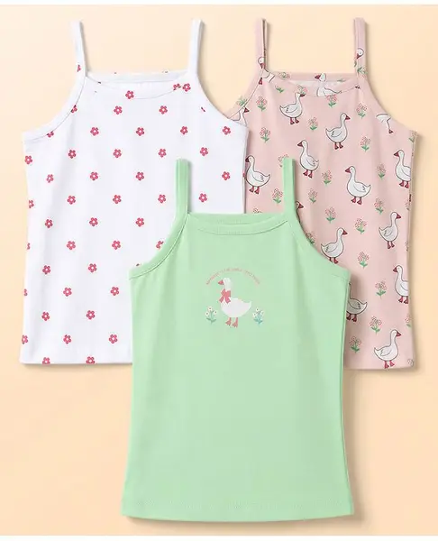 Babyhug 100% Cotton Knit Sleeveless Floral & Birds Printed Slips Pack Of 3 - Light Green Pink & White