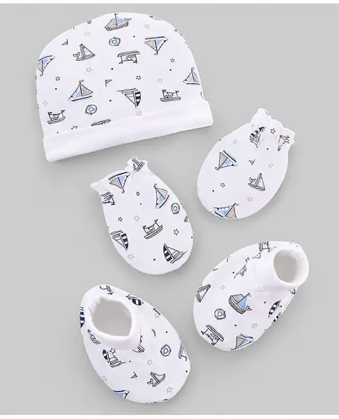 Babyhug 100% Cotton Interlock Knit Cap Mittens & Booties Set with Nautical Theme Print White - Diameter 12 cm