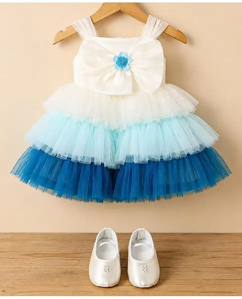 Bluebell Net Woven Sleeveless Party Dress With Floral Applique & Booties - White & Teal Blue