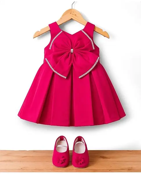 Bluebell Satin Woven Sleeveless Pleated Party Dress With Bow Applique & Booties - Dark Pink