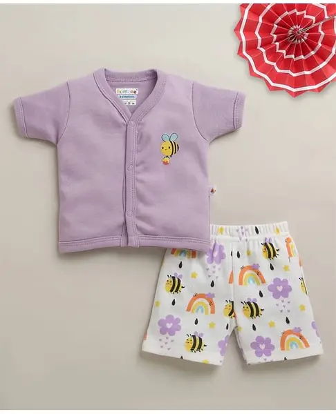 BUMZEE Cotton Knit Half Sleeves Bees Printed Top & Shorts Set - Lavender & White