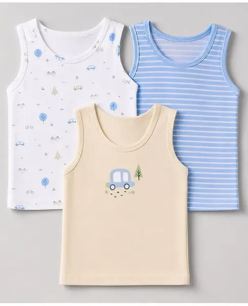 Babyhug 100% Cotton Single Jersey Knit Sleeveless Sandos with Stripes & Car Print Pack of 3 - White Tan & Blue