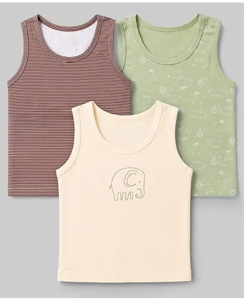 Babyhug 100% Cotton Single Jersey Knit Sleeveless Striped Sandos With Elephant Print Pack of 3 - Cream & Olive