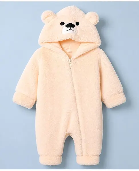 Babyhug Fur Woven Full Sleeves Hooded Winter Wear Fur Romper - Peach