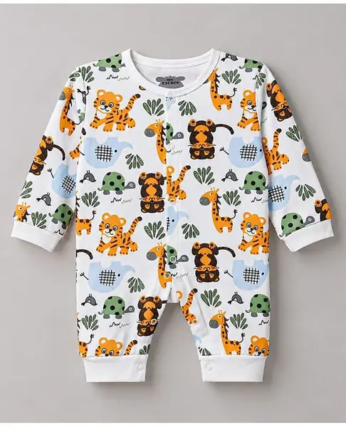 Mini Taurus 100% Cotton Knit Full Sleeves Animal Printed Romper - OffWhite