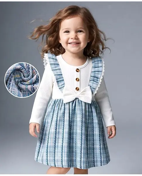 Mark & Mia Full Sleeves Fit & Flare Party Frock with Stripe Design & Bow Applique - White & Blue