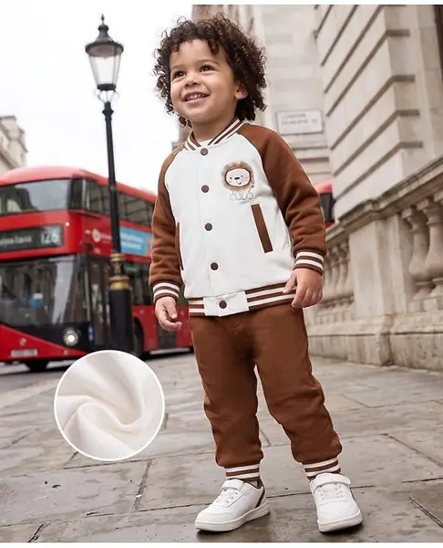 Mark & Mia Cotton Full Raglan Sleeves Winter Wear T-Shirt & Lounge Pant Set with Lion Print - Brown