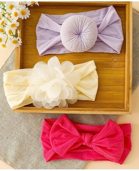 Babyhug Headbands With Floral and Bow Applique Pack of 3 - Purple Pink Yellow