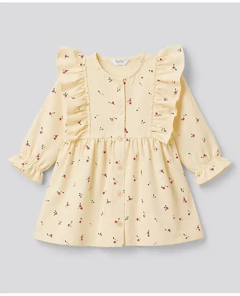 Bonfino 100% Cotton Woven Full Sleeves Floral Printed Fit & Flared Frock With Frill Detailing - Yellow