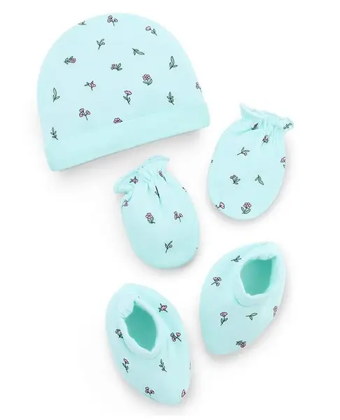 Babyhug 100% Cotton Interlock Knit Cap Mittens & Booties Set With Floral Print Aqua Blue - Diameter 15.5 cm