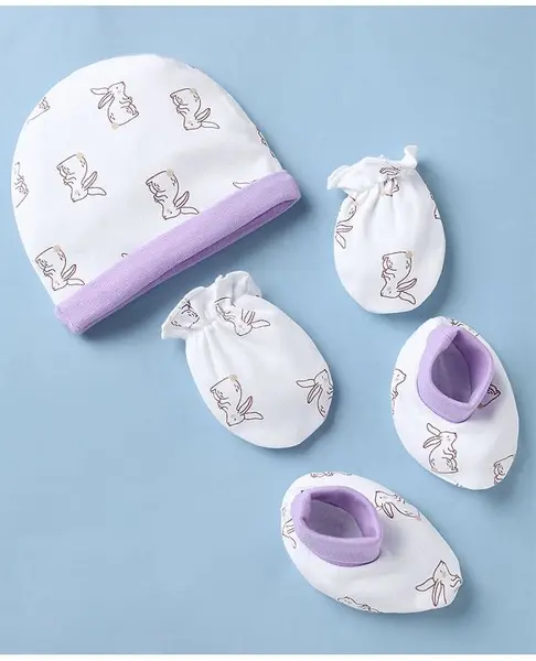 Babyhug 100% Cotton Interlock Knit Cap Mittens & Booties with Bunny Print White - Diameter 16 cm