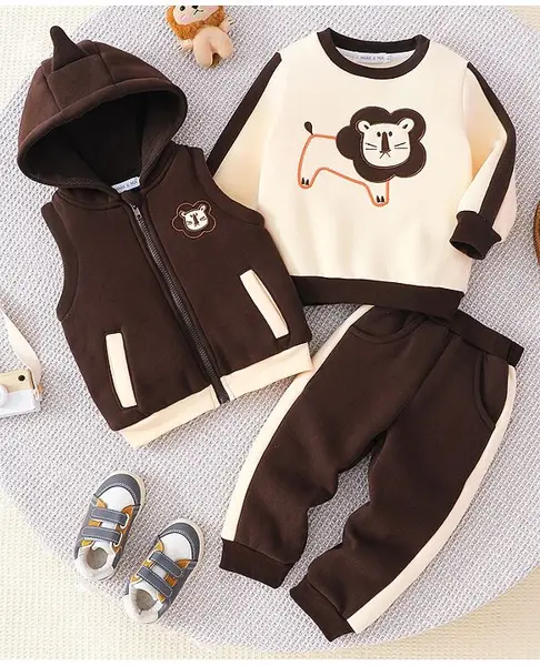 Mark & Mia Full Sleeve 3 Piece Winter Wear Tee & Pants Set with Jacket Lion Embroidery - Brown