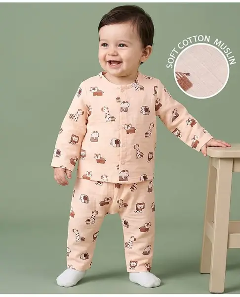 Babyoye 100% Cotton Muslin Woven Full Sleeves Co-Ords T-Shirt & Pyjama Night Suit with Animal Print - Peach