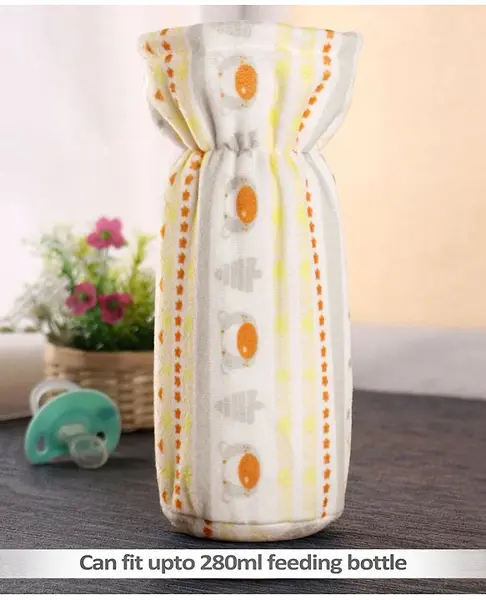 Babyhug Velour Feeding Bottle Cover Bear Print Large Off White - Fits Upto 330 ml Bottle