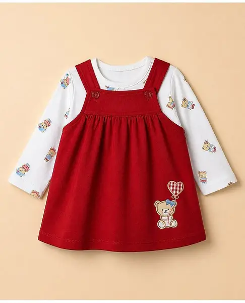 ToffyHouse Cotton Interlock Knit Full Sleeves Frocks with Inner Tee with Full Sleeves  Bear Patch and Bear Print in Red