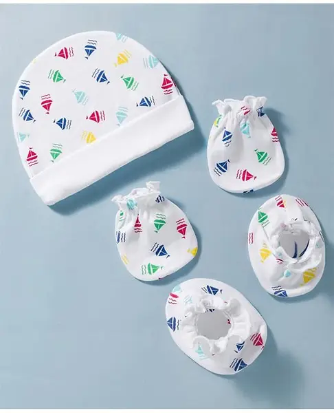 Ben Benny Interlock Knit Nautical Theme Printed Cap Mittens & Booties Set White - Diameter 9.5 cm