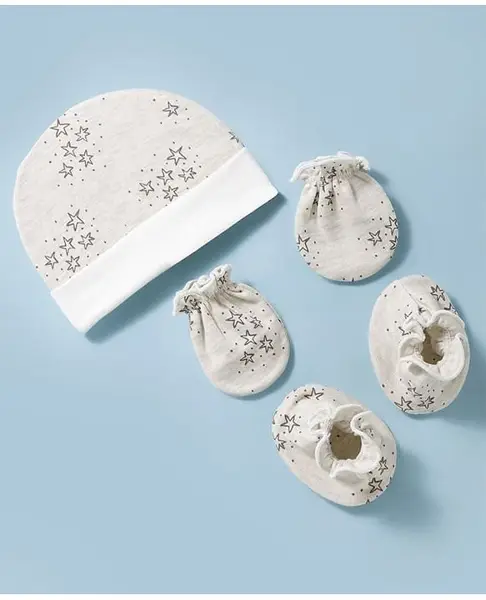 Ben Benny Interlock Knit Star Printed Cap Mittens & Booties Grey - Diameter 9.5 cm