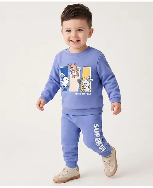 Babyoye Knit 100% Cotton 3 Thread Heavy Guage Terry 280 GSM Full Sleeves Winter Wear Suits With Teddy Bear & Bunny Print - Lavender