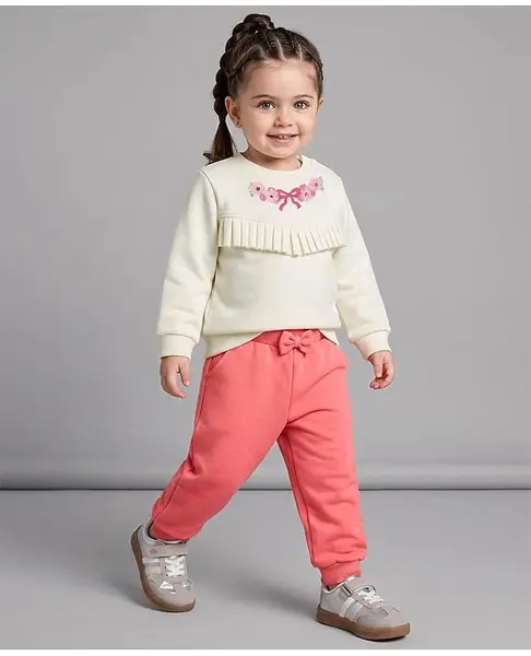 Babyoye 100% Cotton Knit Full Sleeves Floral Appliqued Winter Wear Suit - Pink & Beige