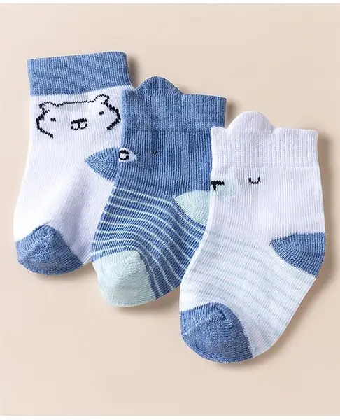 Doodle Poodle Cotton Knit Ankle Length  Animal Design Socks  Pack of 3 - White & Blue